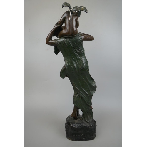 373 - 1930's Art Nouveau bronze maiden with winged cherub - Approx height: 61cm