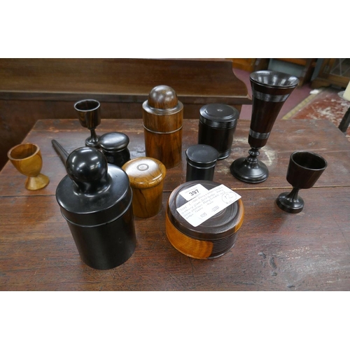 397 - Collectables to include treen, Ebony & walnut canisters, glass scent bottles, goblets etc