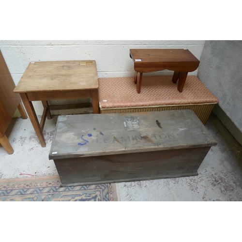 417 - Pine box, Lloyd Loom ottoman, small desk and stool