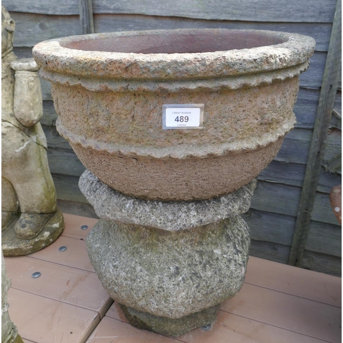489 - Circular stone planter on base - Approx height: 51cm
