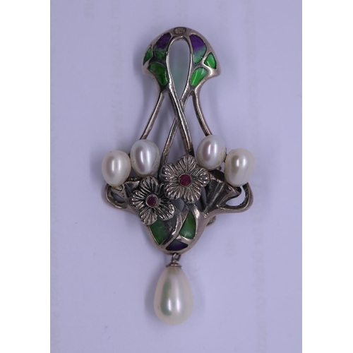80 - Silver enamel pearl brooch together with silver enamel ring