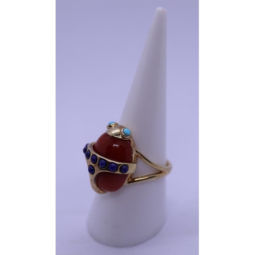 85 - Red jade, lapis & turquoise ring with 14ct overlay to include COA