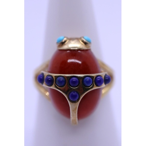 85 - Red jade, lapis & turquoise ring with 14ct overlay to include COA