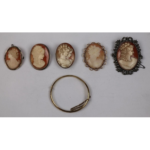 99 - 5 shell cameos with rolled gold or silver mounts together with rolled gold bangle