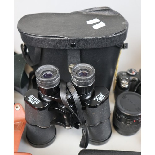 318 - Collection of camera equipment, Tom Tom's, Binoculars etc