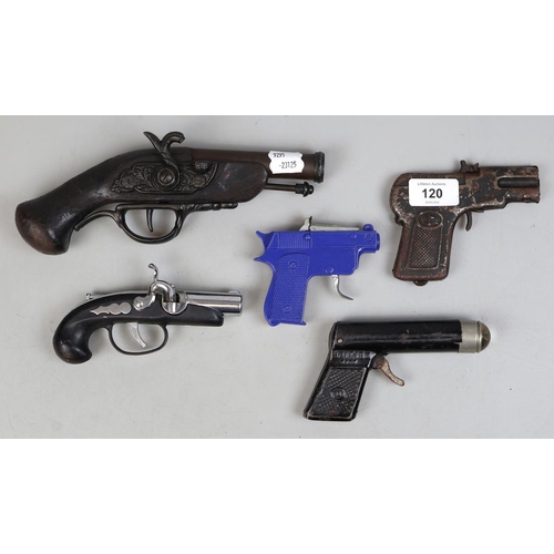 120 - 1960's Toy Guns--2x Tin Plate Toy Percussion Guns, 1 x Torch Gun,I x Lighter Gun, and 1 Replica Flin... 
