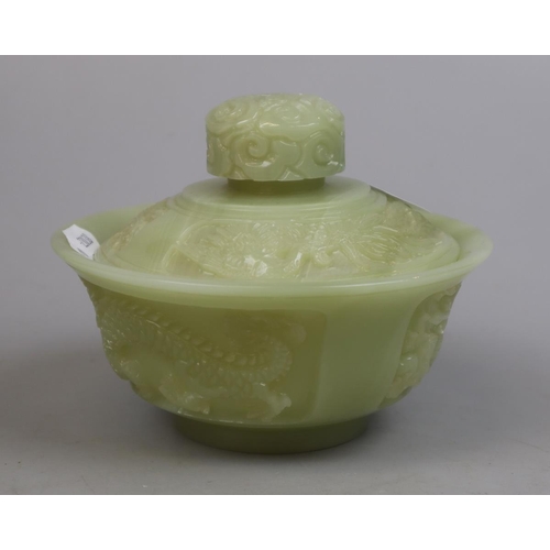 141 - Chinese jade/hardstone bowl & cover carved with dragons & phoenix H 12cm D 15cm