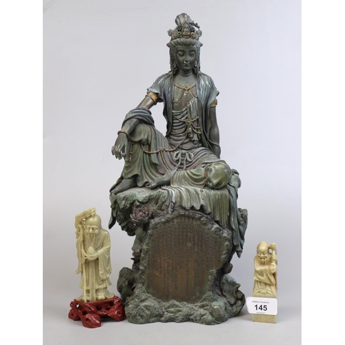 145 - Chinese figure with panel of script - Approx Height 41cm together with 2 soapstone figures