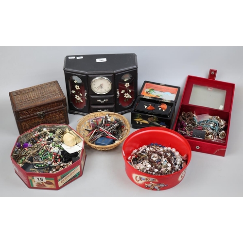 152 - Collection of costume jewellery together with a musical jewellery box and small straw work box