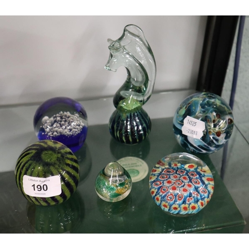 190 - Collection of glass paperweights to include Mdina