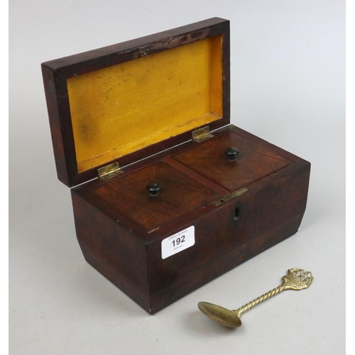 192 - Early 19th C. Mahogany Sarcophagus Tea Caddy with Brass 'ELPEC' Tea Caddy Spoon