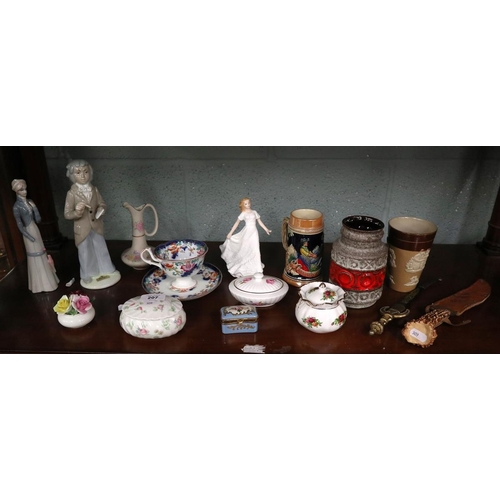 207 - Shelf of collectables to include Royal Doulton, daggers, West German vase etc