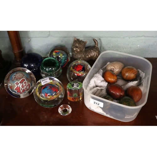 212 - Collection of glass paperweights and stone eggs to include reverse hand painted Oriental paperweight