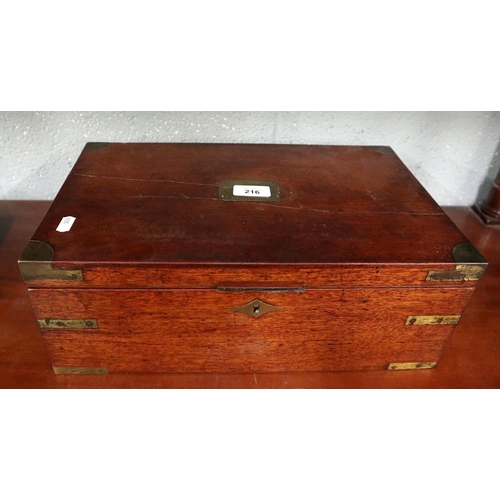 216 - Late Victorian brass bound writing slope with glass inkwells & concealed drawer