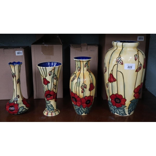 222 - Old Tupton Ware - 4 Yellow Poppy Vases approx 29cm, 20cm, 20cm & 21cm