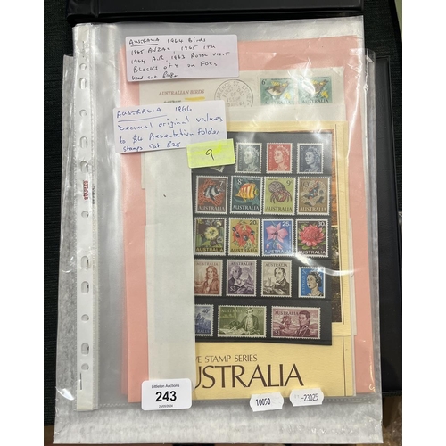 243 - Stamps - Austrailia 1964 birds etc. Block of 4 on FDCs plus 1966 presentation folder