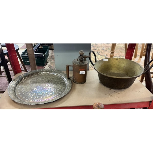 281 - Brass charger, copper pot together with vintage hand sprayer