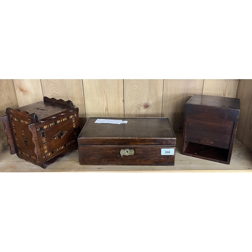 308 - Antique Tunbridge ware 'Magic' money box, tambour front container, mahogany jewellery box