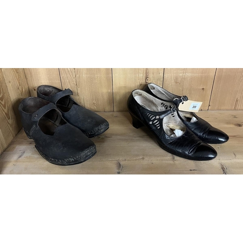 309 - Pair of antique shoes together with a pair of antique Lancashire clogs