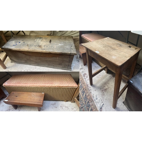 448 - Pine box, Lloyd Loom ottoman, small desk and stool