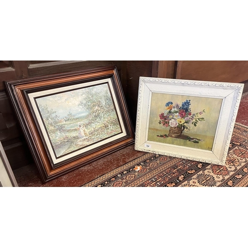 466 - 2 framed oils on canvas - still life & country scene