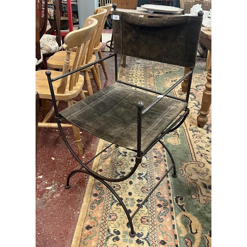 478 - Wrought iron and leather X chair