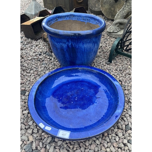 497 - Large glazed cobalt blue plant pot with saucer