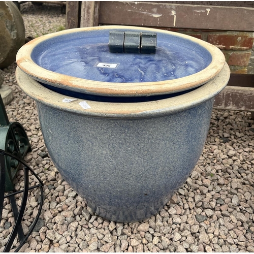 499 - Large glazed blue plant pot with saucer