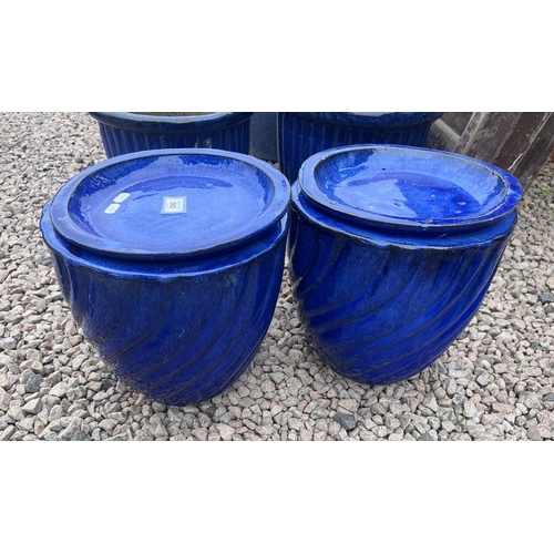 502 - Pair of cobalt blue glazed plant pots with saucers