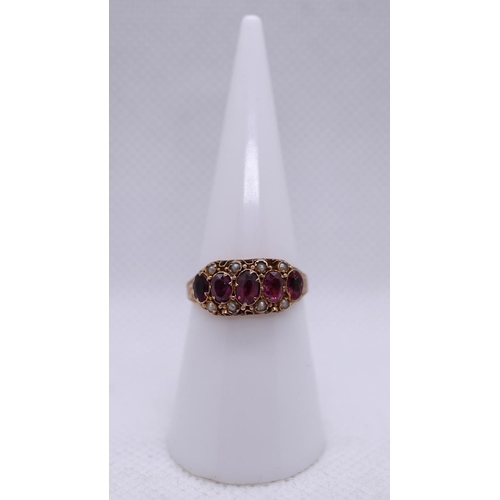 64 - 9ct gold Victorian garnet and seed pearl ring - Size M