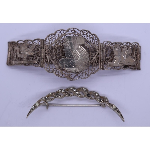 67 - Silver bracelet together with silver brooch