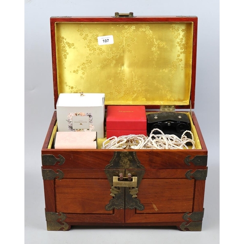 107 - Brass bound jewellery box with costume jewellery