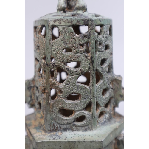 138 - Chinese Archaic bronze censor with dragon handles adorned with masks inscriptions to the neck & ... 