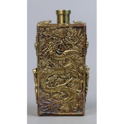 142 - Antique Chinese gilt metal snuff bottle adorned with dragons signed to base 4 character mark 9&frac1... 