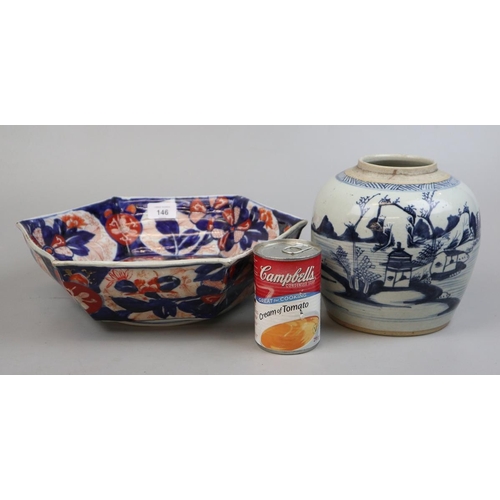 146 - Large Amari pattern dish together with blue and white ginger jar