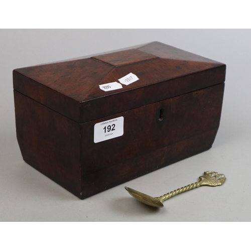 192 - Early 19th C. Mahogany Sarcophagus Tea Caddy with Brass 'ELPEC' Tea Caddy Spoon