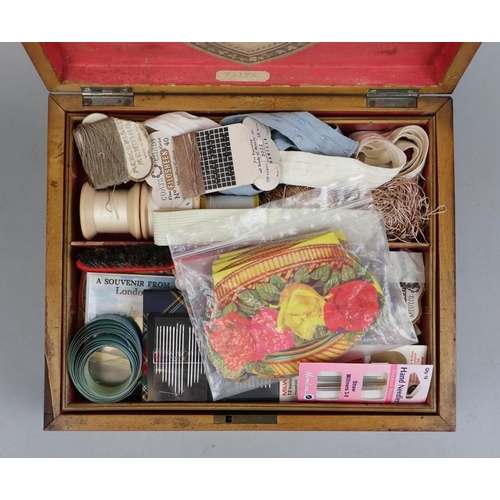 193 - Early 19th C. Marquetry inlaid Sewing Box with contents, including collectible sewing needle packs