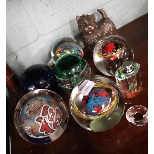 212 - Collection of glass paperweights and stone eggs to include reverse hand painted Oriental paperweight