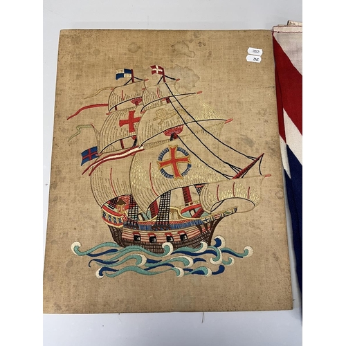 285 - Union jack together with hand sewn picture of a Spanish Galleon