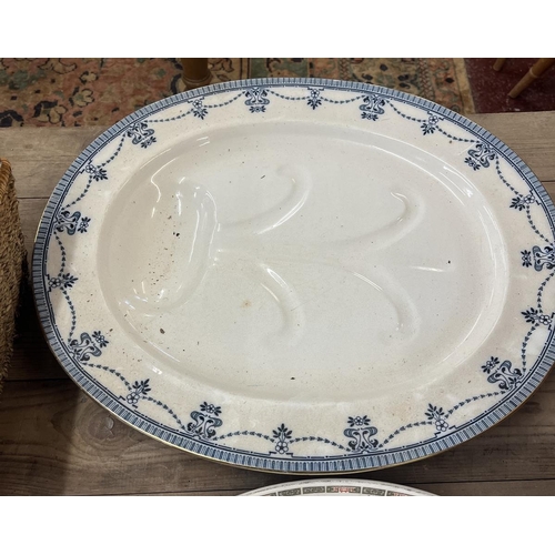 291 - Large blue and white meat tray with gravy well together with another