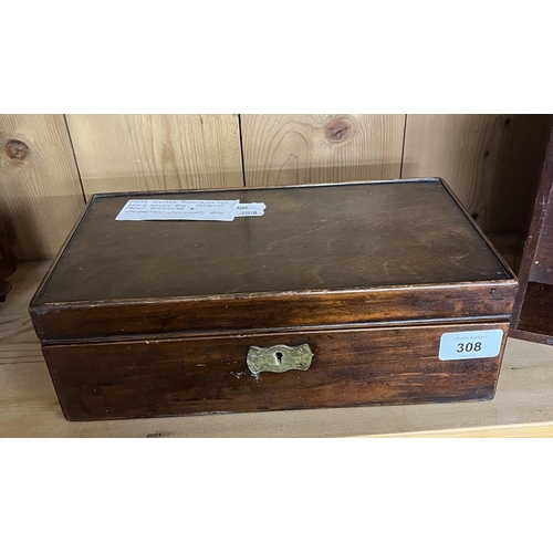 308 - Antique Tunbridge ware 'Magic' money box, tambour front container, mahogany jewellery box