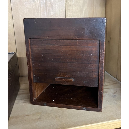 308 - Antique Tunbridge ware 'Magic' money box, tambour front container, mahogany jewellery box