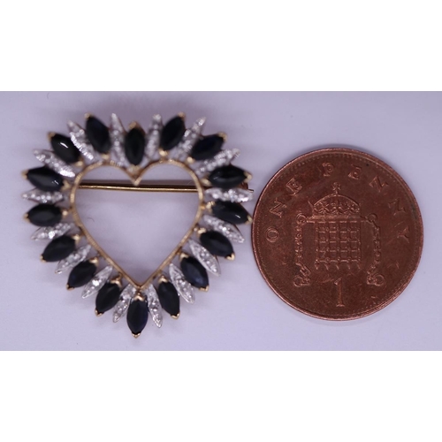 44 - 9ct gold sapphire & diamond set heart shaped brooch