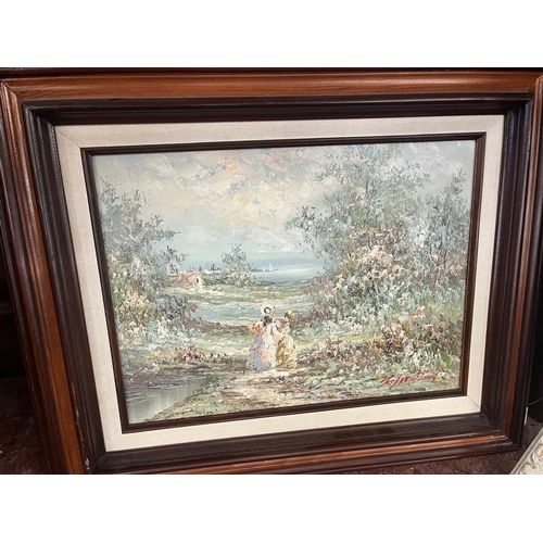 466 - 2 framed oils on canvas - still life & country scene