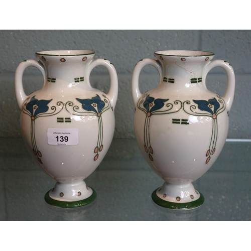139 - Pair of rare Frederick Rhead signed Woods & Sons Elers Ware vases 1 A/F - Approx height: 21cm