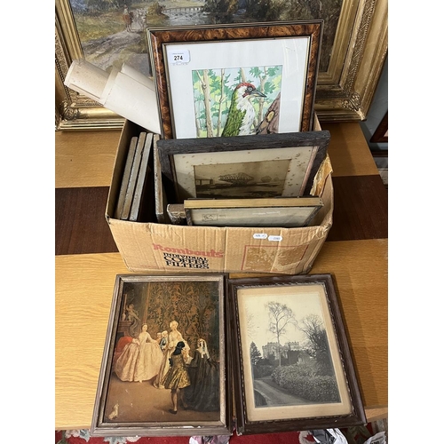 274 - Box of assorted pictures and rolled prints to include 2 Pears prints