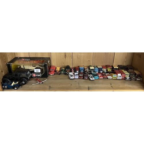 283 - Collection of metal die-cast toy cars including boxed Burago, plus Matchbox and Corgi. mostly play w... 