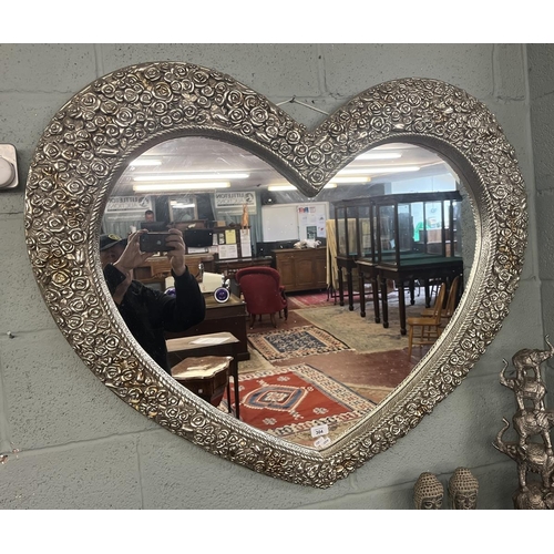 304 - Large heart shaped heavy mirror adorned with roses - Approx size: 107cm x 92cm