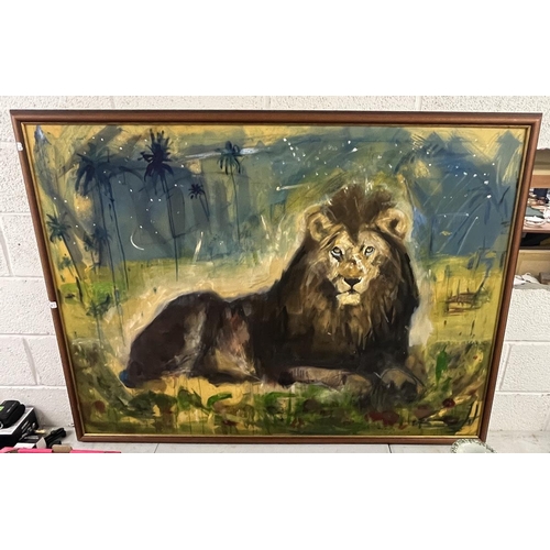 308 - Oil on canvas - Seated lion - Approx image size: 151cm x 111cm