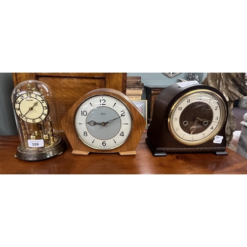 359 - 2 Smith's mechanical mantle clocks plus Hermle brass and glass Anniversary clock